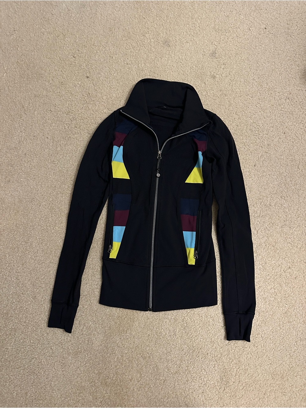 lululemon athletica Black Zip Jacket with Yellow, Light Blue and Burgundy Panels